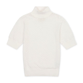 WOMENS Soft White Pointelle Organic Diamond Stitch Mock Neck Sweater