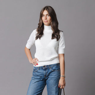WOMENS Soft White Pointelle Organic Diamond Stitch Mock Neck Sweater