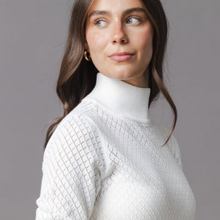 WOMENS Soft White Pointelle Organic Diamond Stitch Mock Neck Sweater
