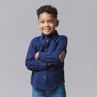 BOYS Navy Organic Flannel Shirt with Elbow Patches