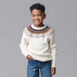 BOYS Ivory and Chocolate Fair Isle Organic Fair Isle Cable Sweater