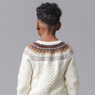 BOYS Ivory and Chocolate Fair Isle Organic Fair Isle Cable Sweater