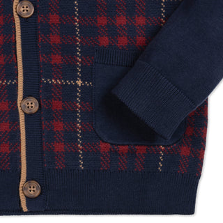BOYS Navy Plaid Intarsia Organic Tipped Cardigan