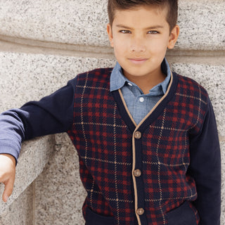 BOYS Navy Plaid Intarsia Organic Tipped Cardigan