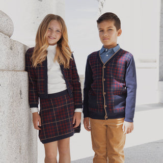 BOYS Navy Plaid Intarsia Organic Tipped Cardigan