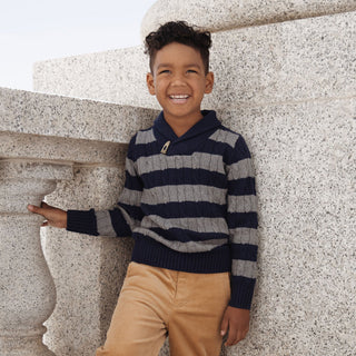 BOYS Navy and Dark Gray Heather Shawl Collar Cable Sweater