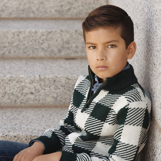 BOYS Deep Green Check Organic Half Zip Intarsia Sweater