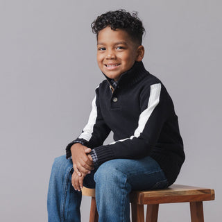 BOYS Black and White Organic Mock Neck Sleeve Stripe Sweater