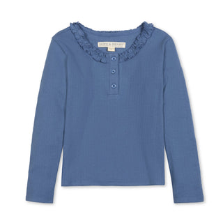 GIRLS Denim Blue Pointelle Organic Ruffle Neck Knit Top