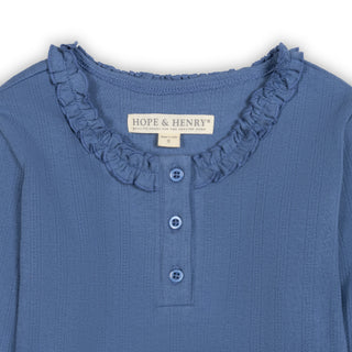 GIRLS Denim Blue Pointelle Organic Ruffle Neck Knit Top