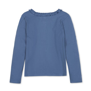 GIRLS Denim Blue Pointelle Organic Ruffle Neck Knit Top