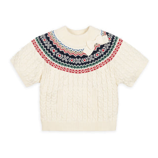 GIRLS Ivory and Multi Fair Isle Organic Mock Neck Fair Isle Cable Sweater
