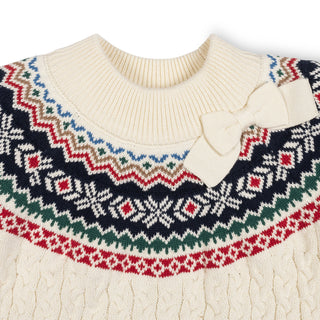 GIRLS Ivory and Multi Fair Isle Organic Mock Neck Fair Isle Cable Sweater