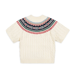 GIRLS Ivory and Multi Fair Isle Organic Mock Neck Fair Isle Cable Sweater