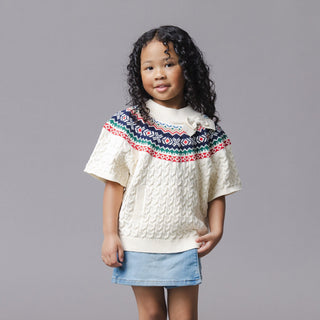 GIRLS Ivory and Multi Fair Isle Organic Mock Neck Fair Isle Cable Sweater