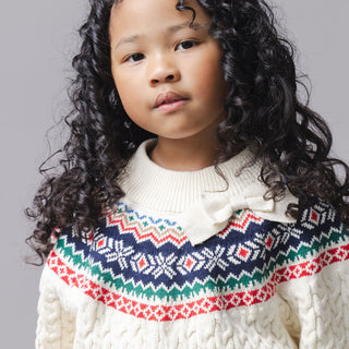 GIRLS Ivory and Multi Fair Isle Organic Mock Neck Fair Isle Cable Sweater