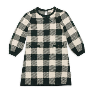 GIRLS Deep Green Check Organic Puff Sleeve Sweater Dress