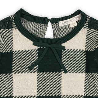 GIRLS Deep Green Check Organic Puff Sleeve Sweater Dress