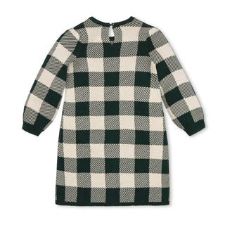 GIRLS Deep Green Check Organic Puff Sleeve Sweater Dress