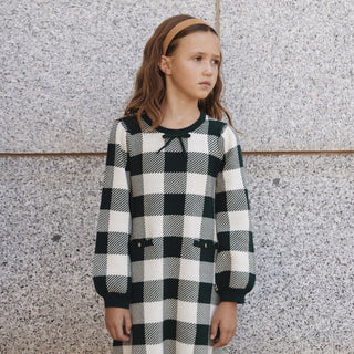 GIRLS Deep Green Check Organic Puff Sleeve Sweater Dress