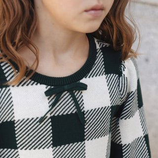 GIRLS Deep Green Check Organic Puff Sleeve Sweater Dress