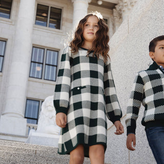 GIRLS Deep Green Check Organic Puff Sleeve Sweater Dress