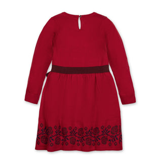 GIRLS Red Border Intarsia Organic Skater Sweater Dress with Bow