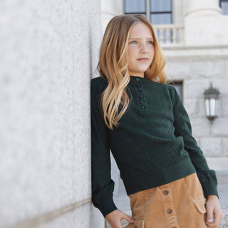 GIRLS Deep Green Organic Puff Sleeve Henley Sweater
