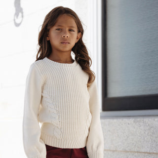 GIRLS Ivory Cable Organic Bow Detail Cable Sweater