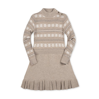 GIRLS Light Taupe Heather Fair Isle Organic Mock Neck Flounce Sweater Dress