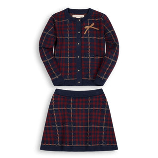 GIRLS Navy Plaid Intarsia Organic Cardigan and Skirt Sweater Set