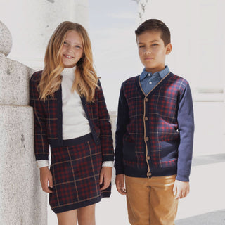 GIRLS Navy Plaid Intarsia Organic Cardigan and Skirt Sweater Set
