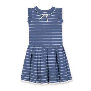 GIRLS Denim Blue Stripe Organic Flutter Sleeve Pleated Sweater Dress
