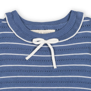GIRLS Denim Blue Stripe Organic Flutter Sleeve Pleated Sweater Dress