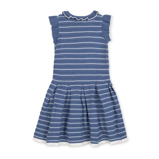 GIRLS Denim Blue Stripe Organic Flutter Sleeve Pleated Sweater Dress