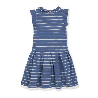 GIRLS Denim Blue Stripe Organic Flutter Sleeve Pleated Sweater Dress
