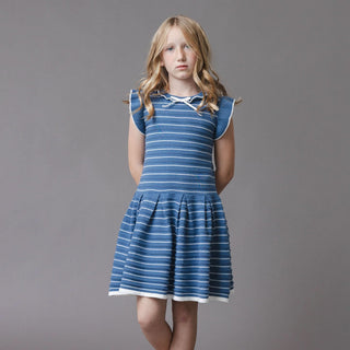 GIRLS Denim Blue Stripe Organic Flutter Sleeve Pleated Sweater Dress