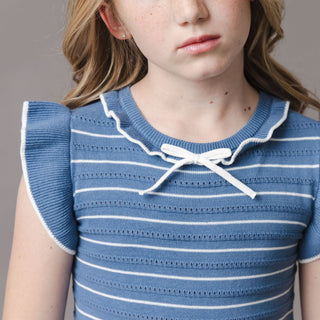 GIRLS Denim Blue Stripe Organic Flutter Sleeve Pleated Sweater Dress