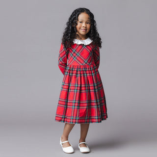 GIRLS Red Holiday Tartan Organic Ruffle Collar Party Dress