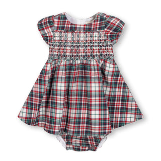 LAYETTE Multi Holiday Tartan Organic Smocked Puff Sleeve Dress