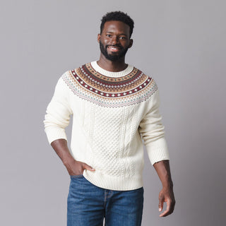 MENS Ivory and Chocolate Fair Isle Organic Fair Isle Cable Sweater