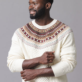 MENS Ivory and Chocolate Fair Isle Organic Fair Isle Cable Sweater