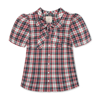 WOMENS Multi Holiday Tartan Organic Puff Sleeve Bow Neck Top