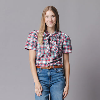WOMENS Multi Holiday Tartan Organic Puff Sleeve Bow Neck Top