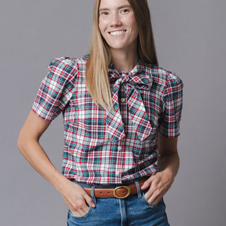 WOMENS Multi Holiday Tartan Organic Puff Sleeve Bow Neck Top