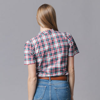 WOMENS Multi Holiday Tartan Organic Puff Sleeve Bow Neck Top