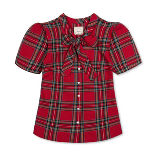 WOMENS Red Holiday Tartan Organic Puff Sleeve Bow Neck Top
