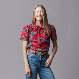 WOMENS Red Holiday Tartan Organic Puff Sleeve Bow Neck Top