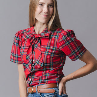 WOMENS Red Holiday Tartan Organic Puff Sleeve Bow Neck Top