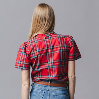 WOMENS Red Holiday Tartan Organic Puff Sleeve Bow Neck Top